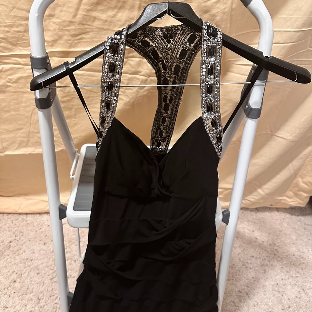 Black Mini Dress with stripes covered with silver and black sequins and sparkles
